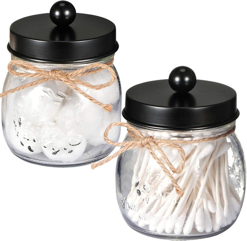 2 Pack Qtip Holders, Black Bathroom Decor, Cotton Swab Holders, Bathroom Jars, Restroom Decor for Cotton Balls, Pads, Floss Picks - Black