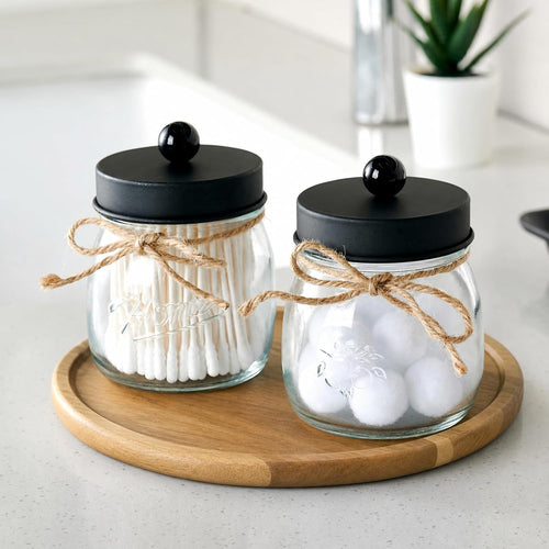 2 Pack Qtip Holders, Black Bathroom Decor, Cotton Swab Holders, Bathroom Jars, Restroom Decor for Cotton Balls, Pads, Floss Picks - Black