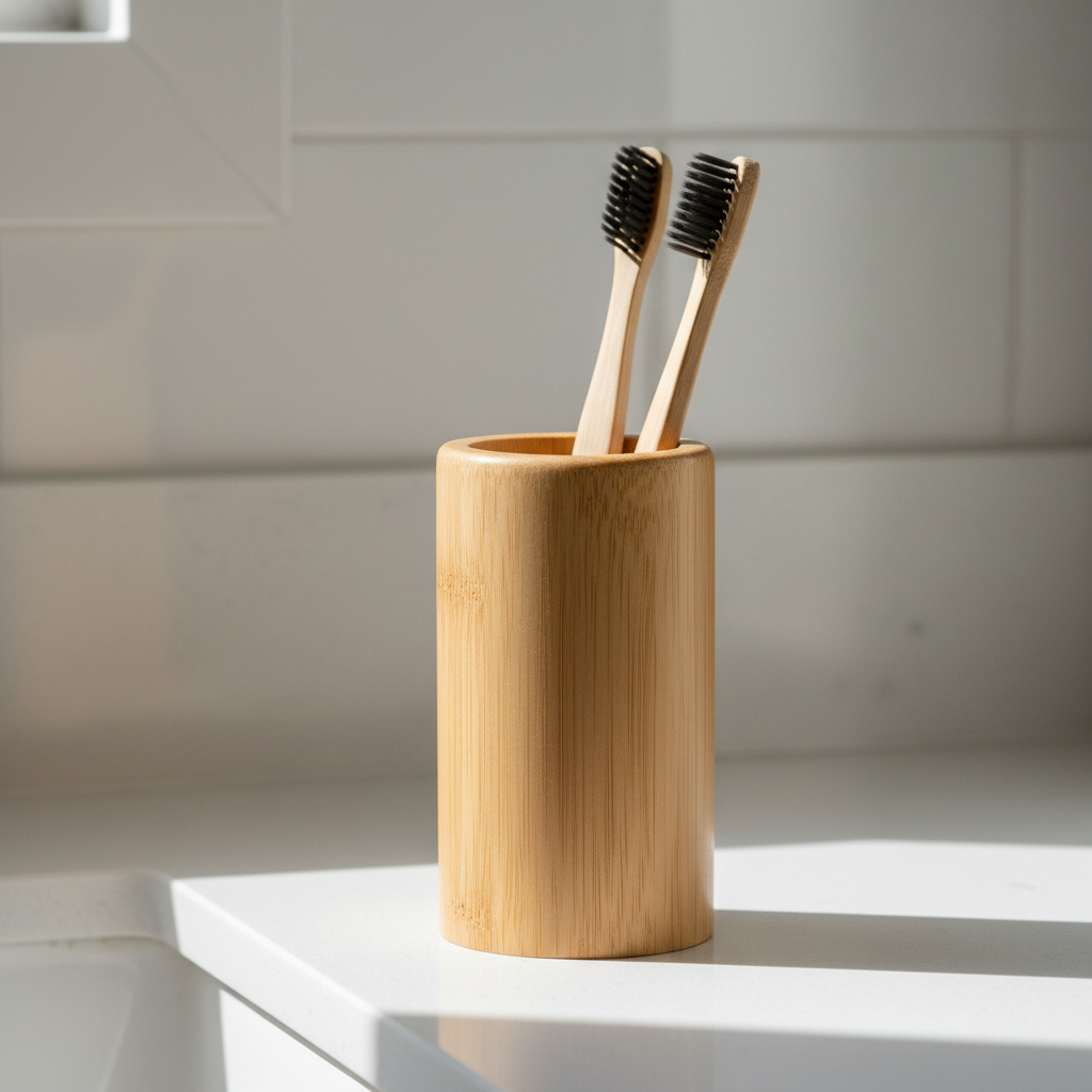 Bamboo toothbrush holder on a bathroom countertop