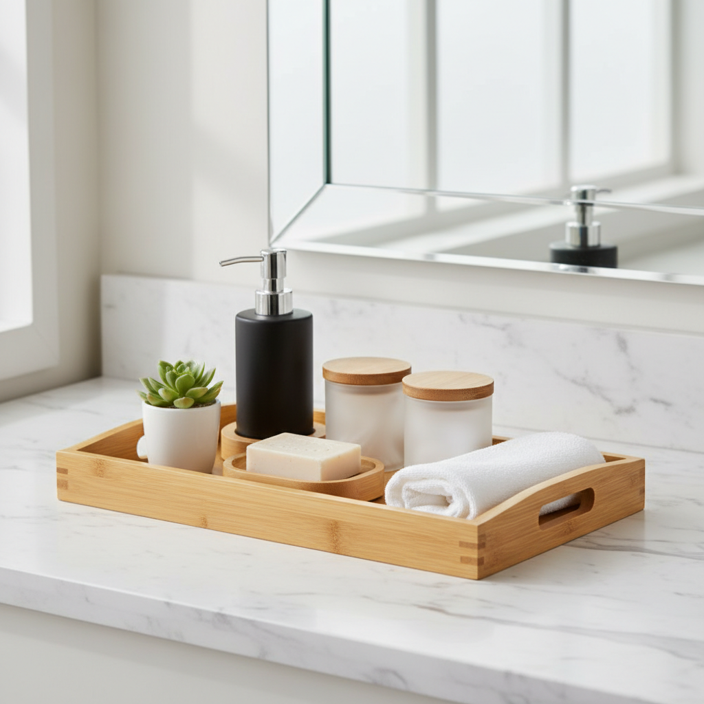 Bamboo bathroom tray set on a marble countertop