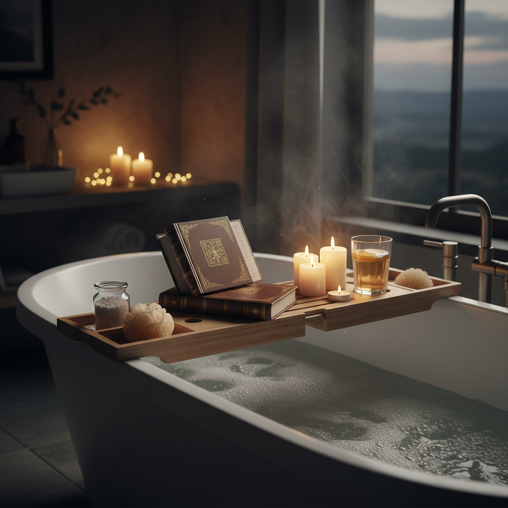 Bamboo bath caddy across a luxury soaking tub